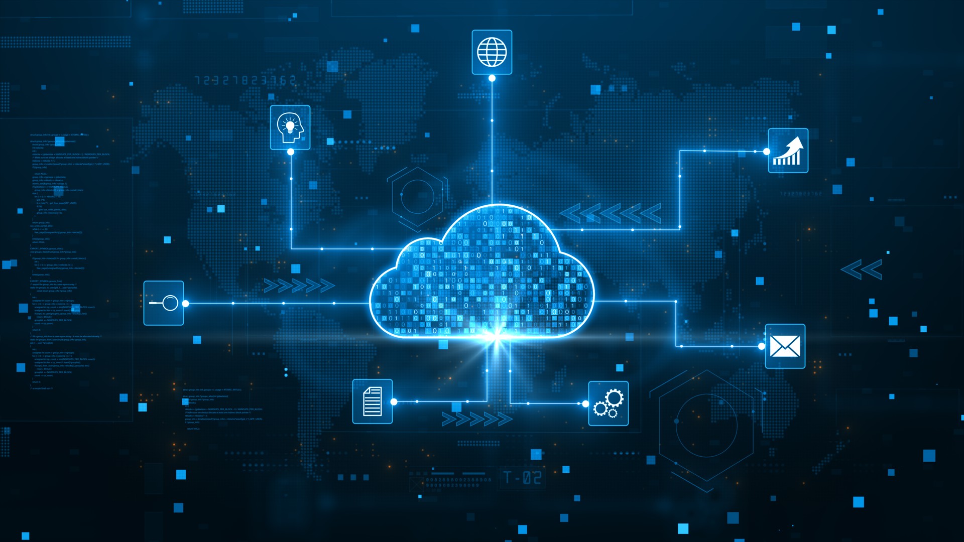 Cloud computing for data storage and safety, Cloud icon with data icon on background world map, Futuristic technology global network data connection. Cybersecurity digital background 3D Rendering